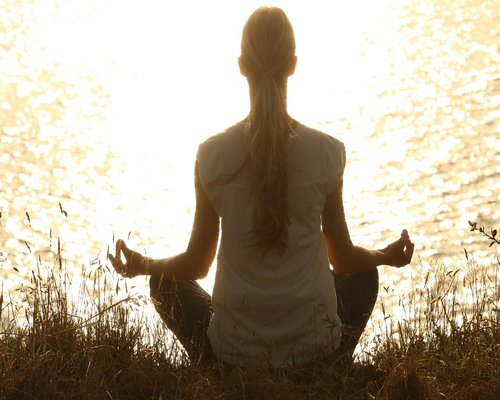Serene woman practicing yoga in a garden at sunset